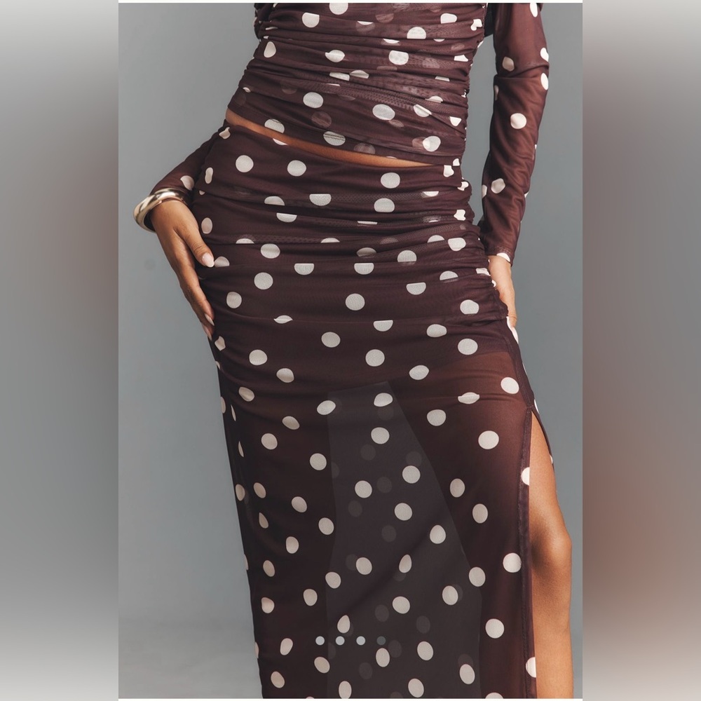 Maeve Chocolate Brown and Cream Polka Dot Midi Skirt - Picture 4 of 4
